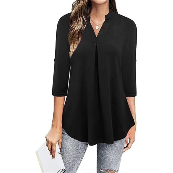 Women's Dressy Casual Tops - 3/4 Sleeve V-Neck Chiffon Work Blouses - Picture 2 of 7